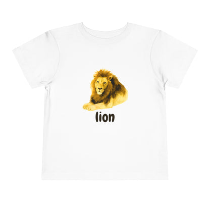 White t-shirt with a lion graphic and the word 'lion' on a white background