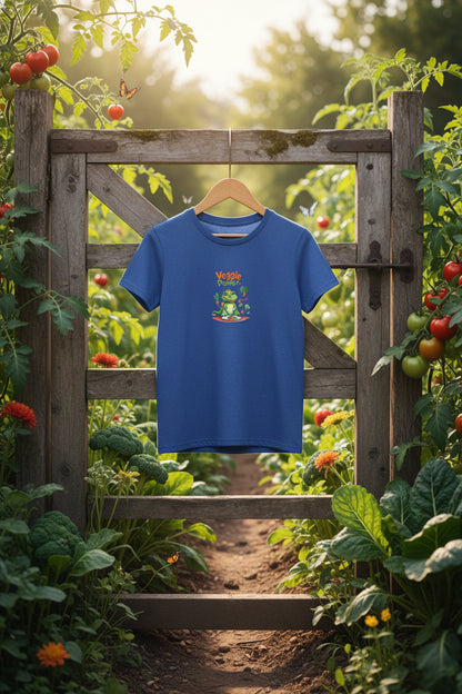 Heather blue t-shirt with graphic aligator or dinoaur eating vegetables. Veggie Power written at the top
