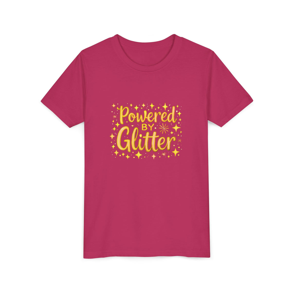 A berry short-sleeve crewneck t-shirt with a yellow graphic on the chest that reads 'Powered by Glitter' surrounded by small yellow stars, shown on a plain white background.
