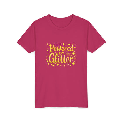 A berry short-sleeve crewneck t-shirt with a yellow graphic on the chest that reads 'Powered by Glitter' surrounded by small yellow stars, shown on a plain white background.