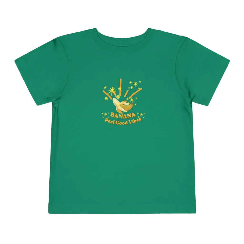 A cute green toddler T-shirt with “Banana Peel Good Vibes” sparkling banana graphics on a white background.