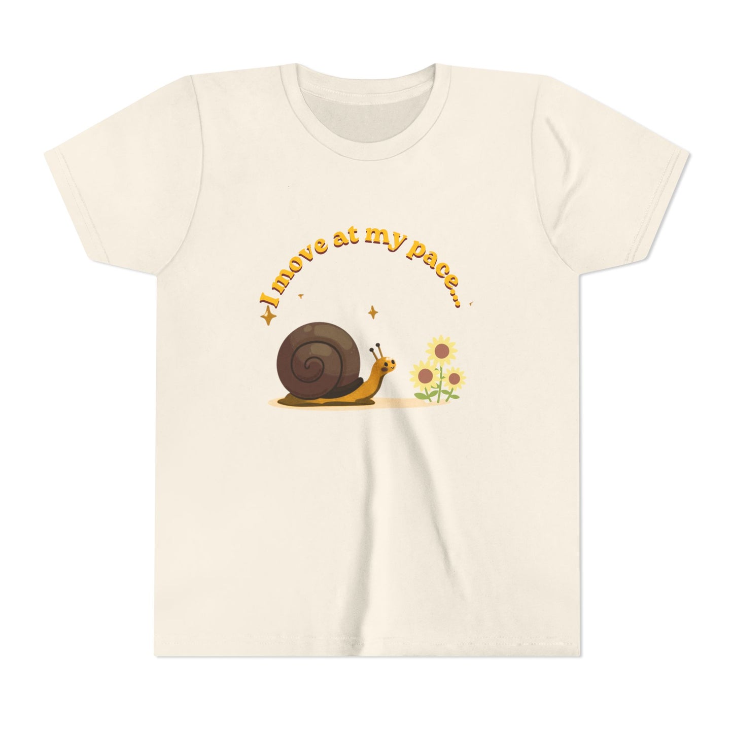 Beige t-shirt with a snail graphic and text on a white background