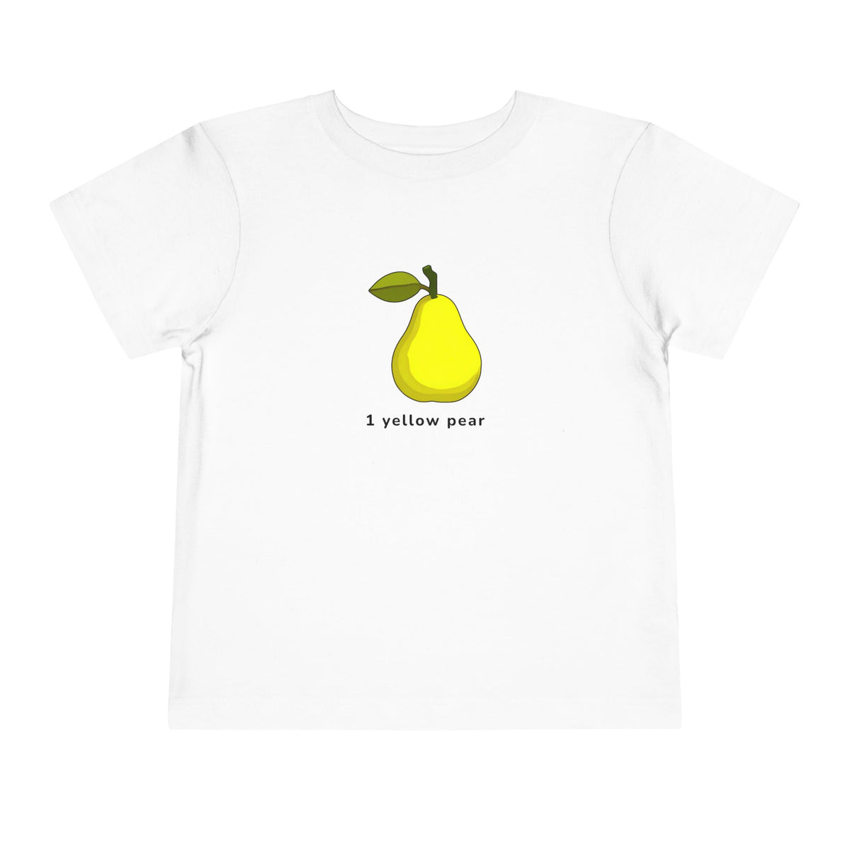 A white short-sleeve crewneck t-shirt featuring a graphic of a yellow pear with a green stem and leaf, with the text '1 yellow pear' printed underneath.