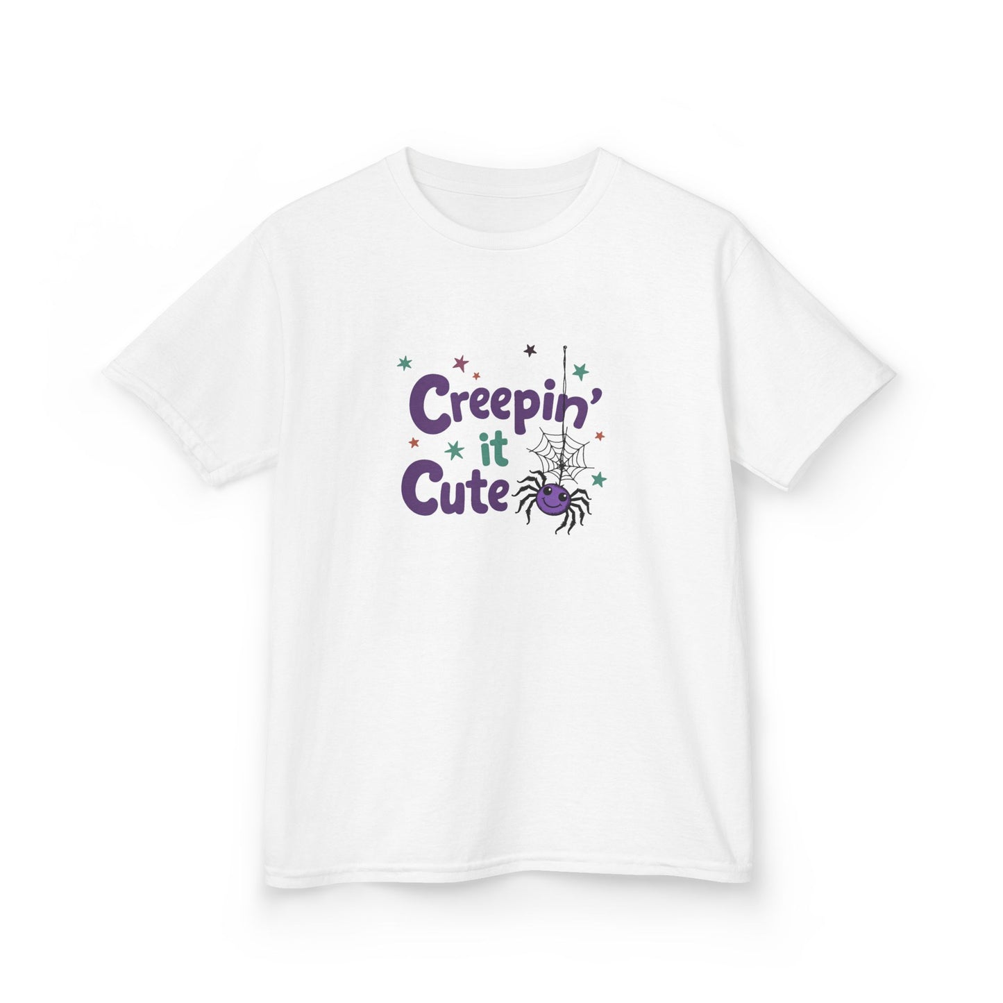 A white short-sleeve crewneck t-shirt featuring a 'Creepin' it Cute' graphic with a spider and stars on the chest, displayed against a solid white background.