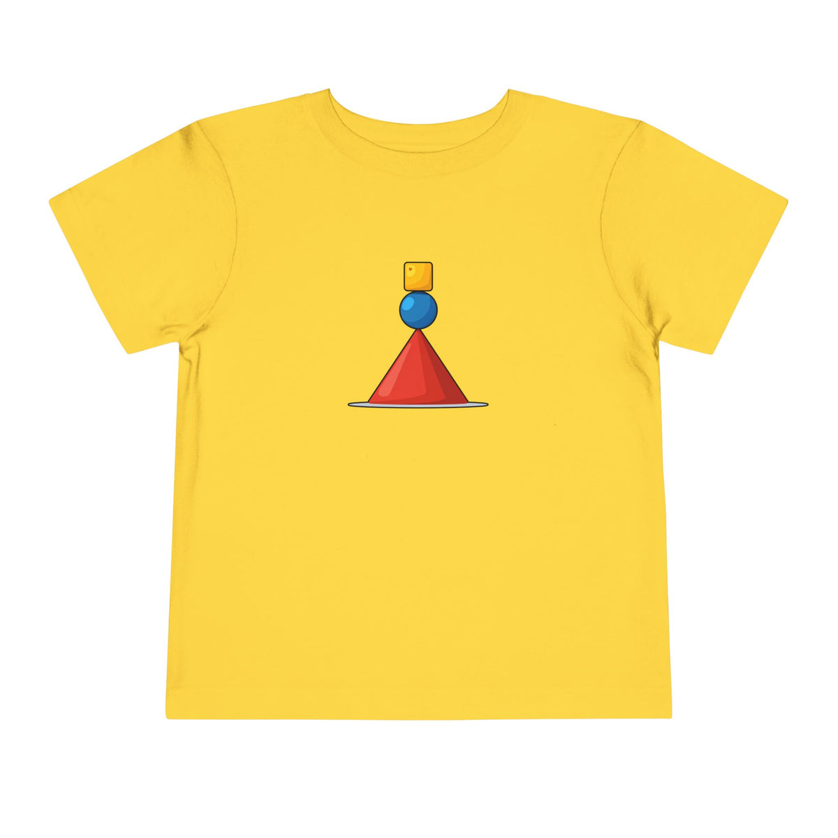 Featuring a small geometric graphic in the center with a red cone, blue sphere, and yellow cube.
