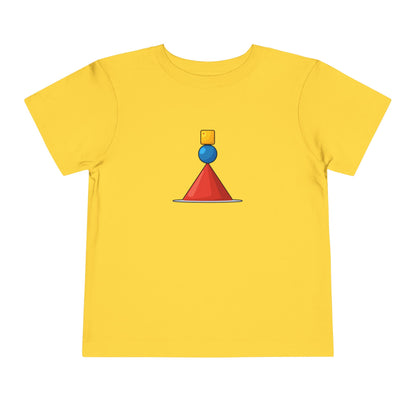 Featuring a small geometric graphic in the center with a red cone, blue sphere, and yellow cube.