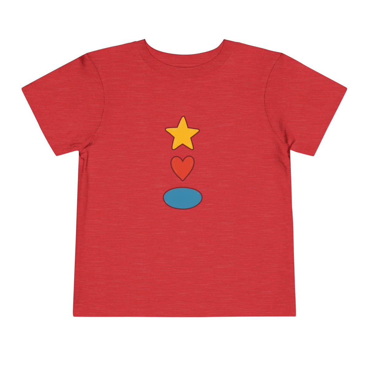 A red short-sleeve t-shirt with a graphic of a yellow star, a red heart, and a blue oval stacked vertically on the chest, shown against a plain white background.