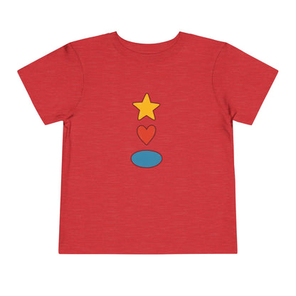 A red short-sleeve t-shirt with a graphic of a yellow star, a red heart, and a blue oval stacked vertically on the chest, shown against a plain white background.
