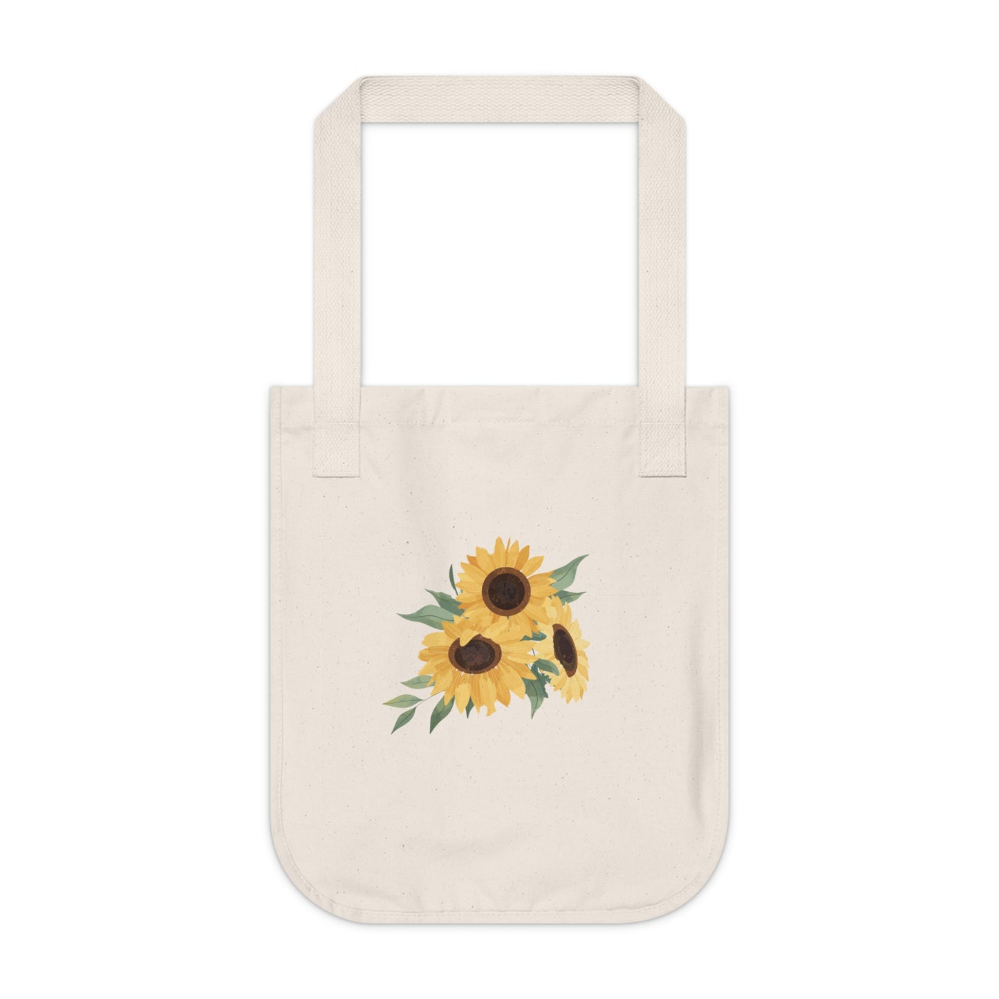 Natural beige tote bag with artistic sunflower design on a white background
