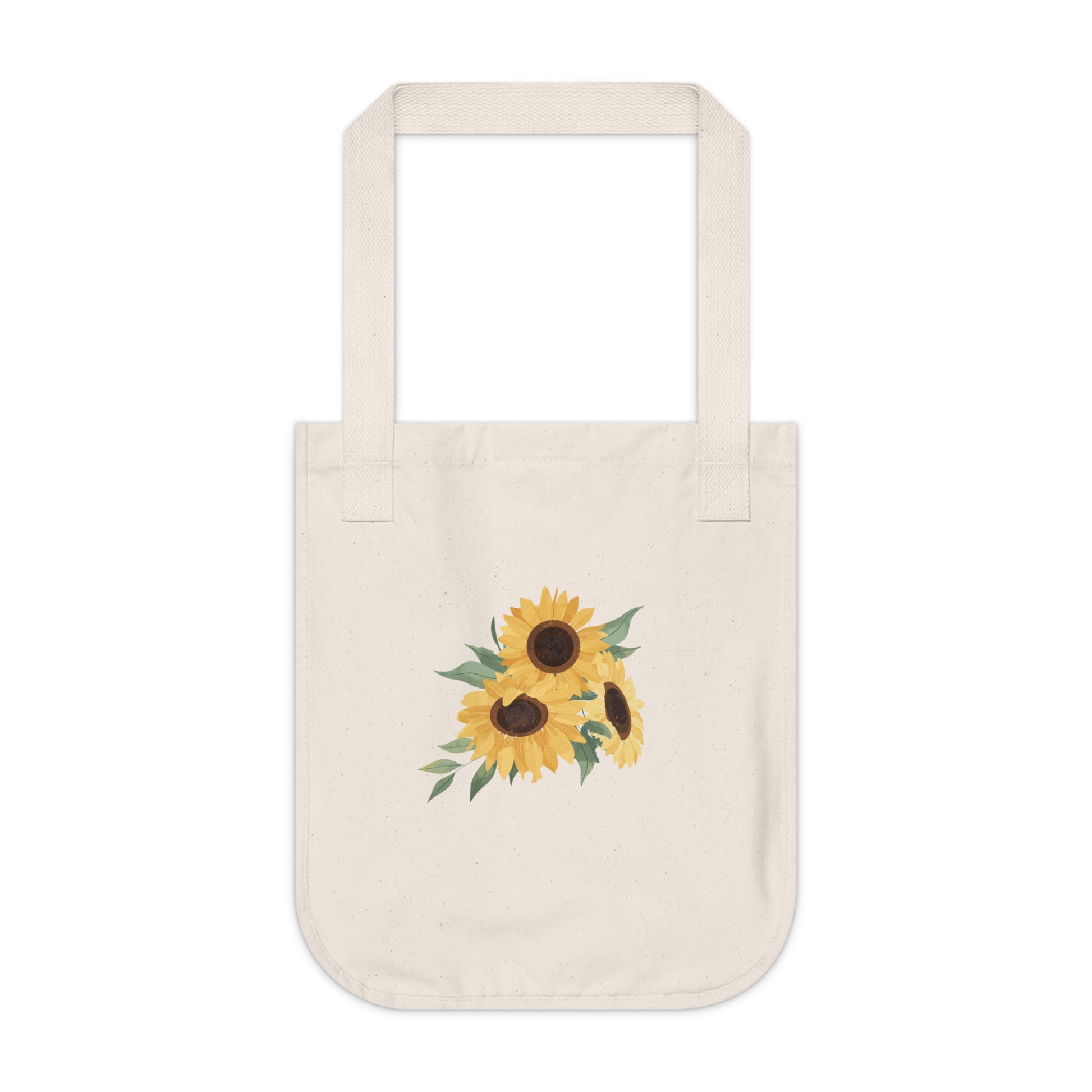Natural beige tote bag with artistic sunflower design on a white background