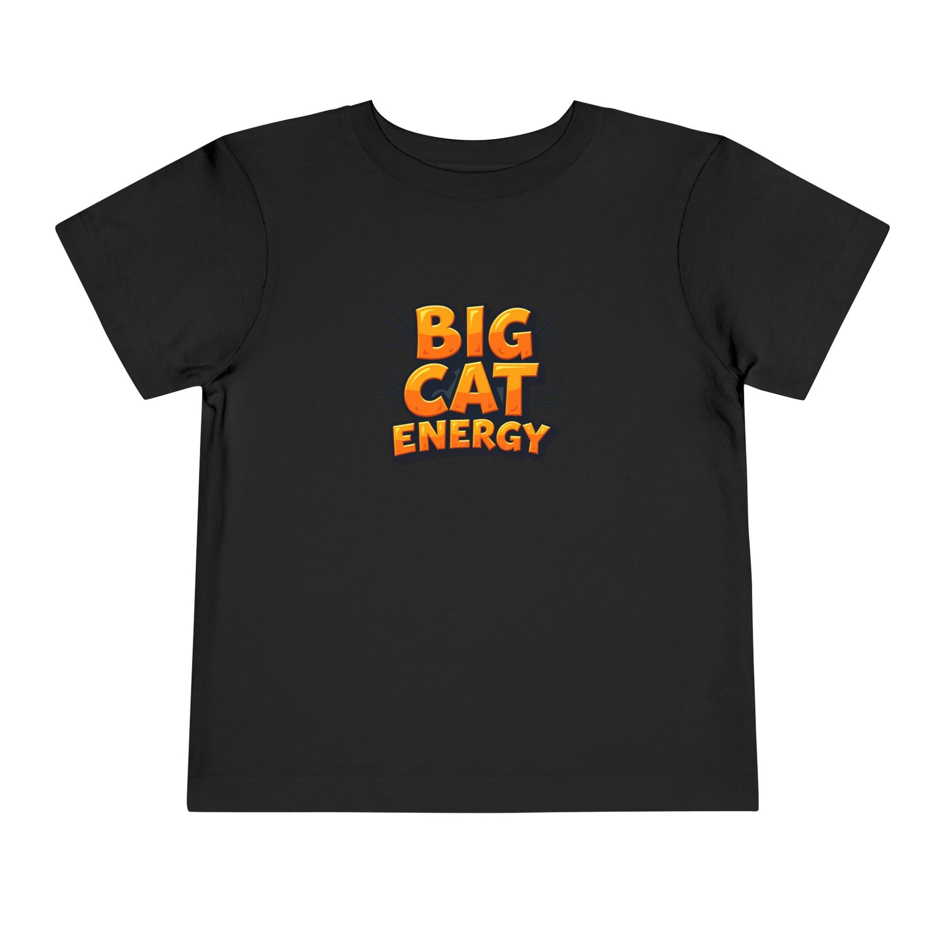 Black t-shirt with 'BIG CAT ENERGY' text in orange on a white background
