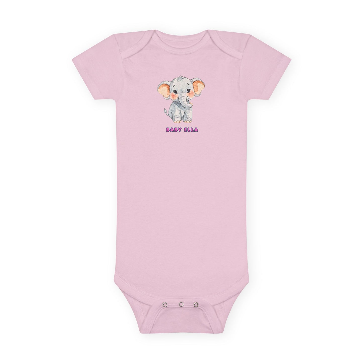 Pink baby onesie with a cartoon elephant design on a white background