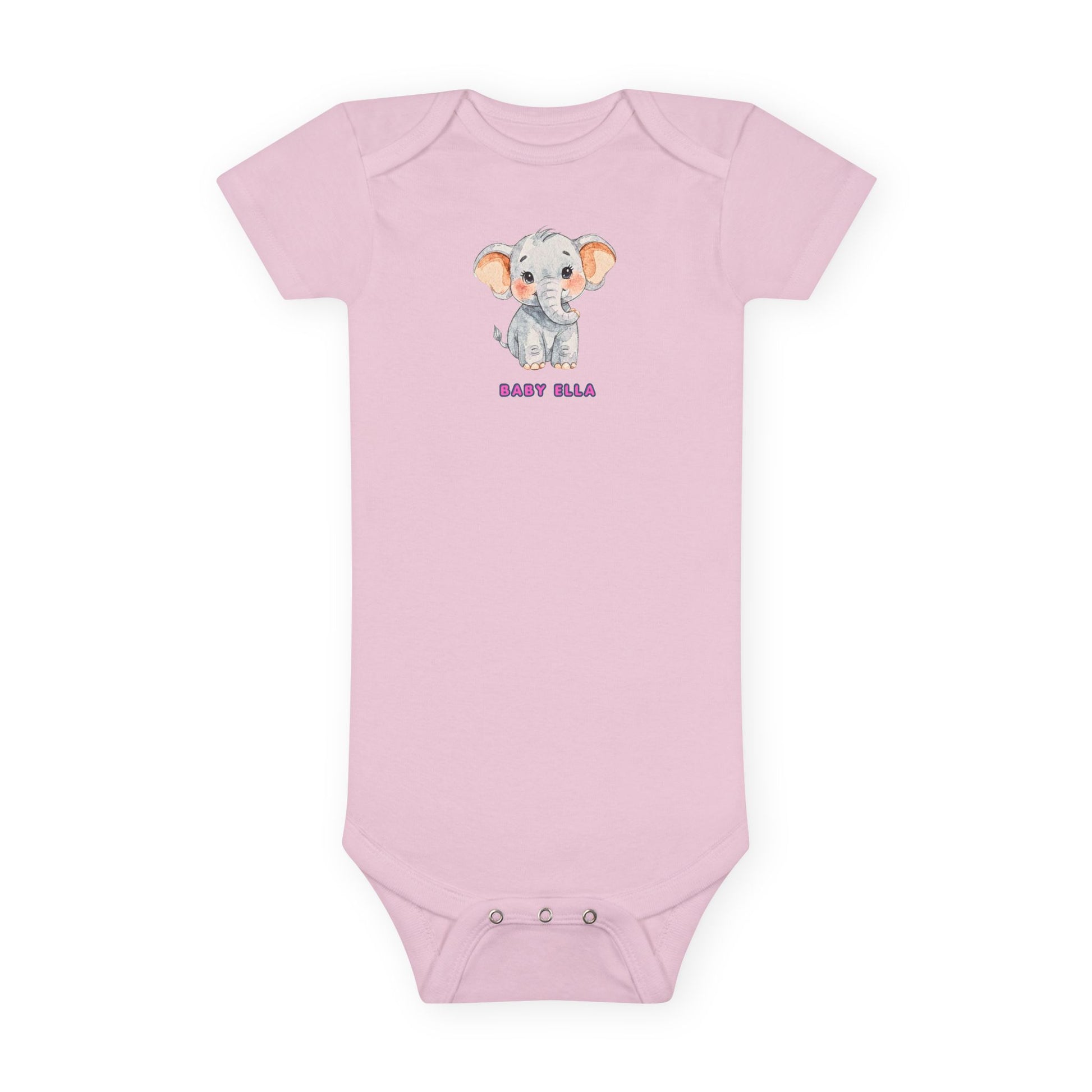 Pink baby onesie with a cartoon elephant design on a white background