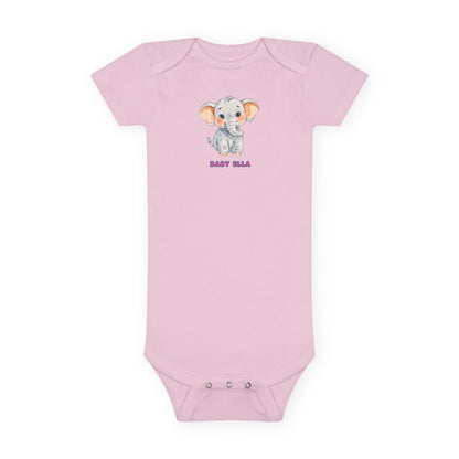 Pink baby onesie with a cartoon elephant design on a white background