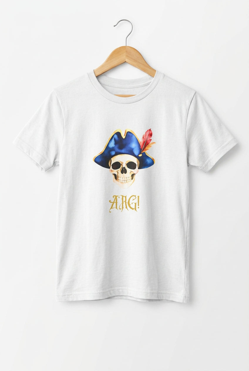 Kids white T‑shirt with a pirate skull wearing a blue hat and red feather, with “ARG!” in yellow text.