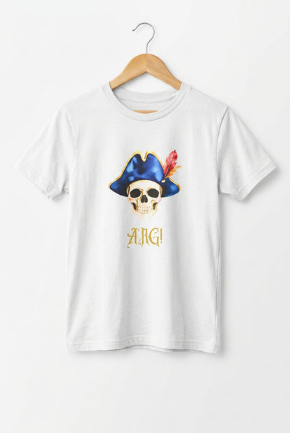 Kids white T‑shirt with a pirate skull wearing a blue hat and red feather, with “ARG!” in yellow text.