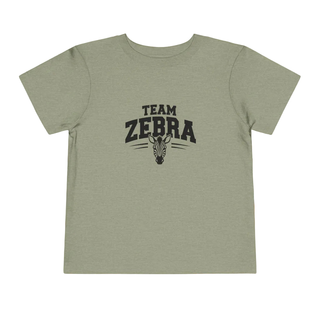 Beige t-shirt with 'Team Zebra' lettering and zebra graphic on a white background