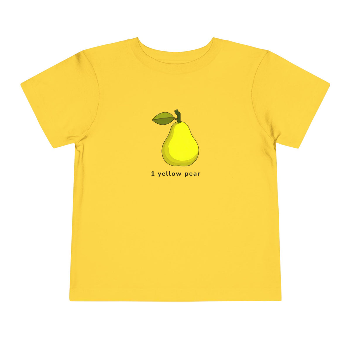 A yellow short-sleeve t-shirt with a graphic of a yellow pear and the text '1 yellow pear' printed on the chest, displayed on a solid white background.