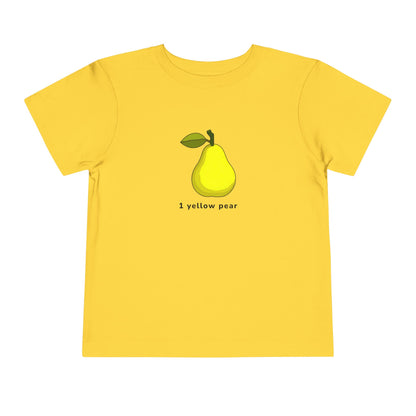A yellow short-sleeve t-shirt with a graphic of a yellow pear and the text '1 yellow pear' printed on the chest, displayed on a solid white background.