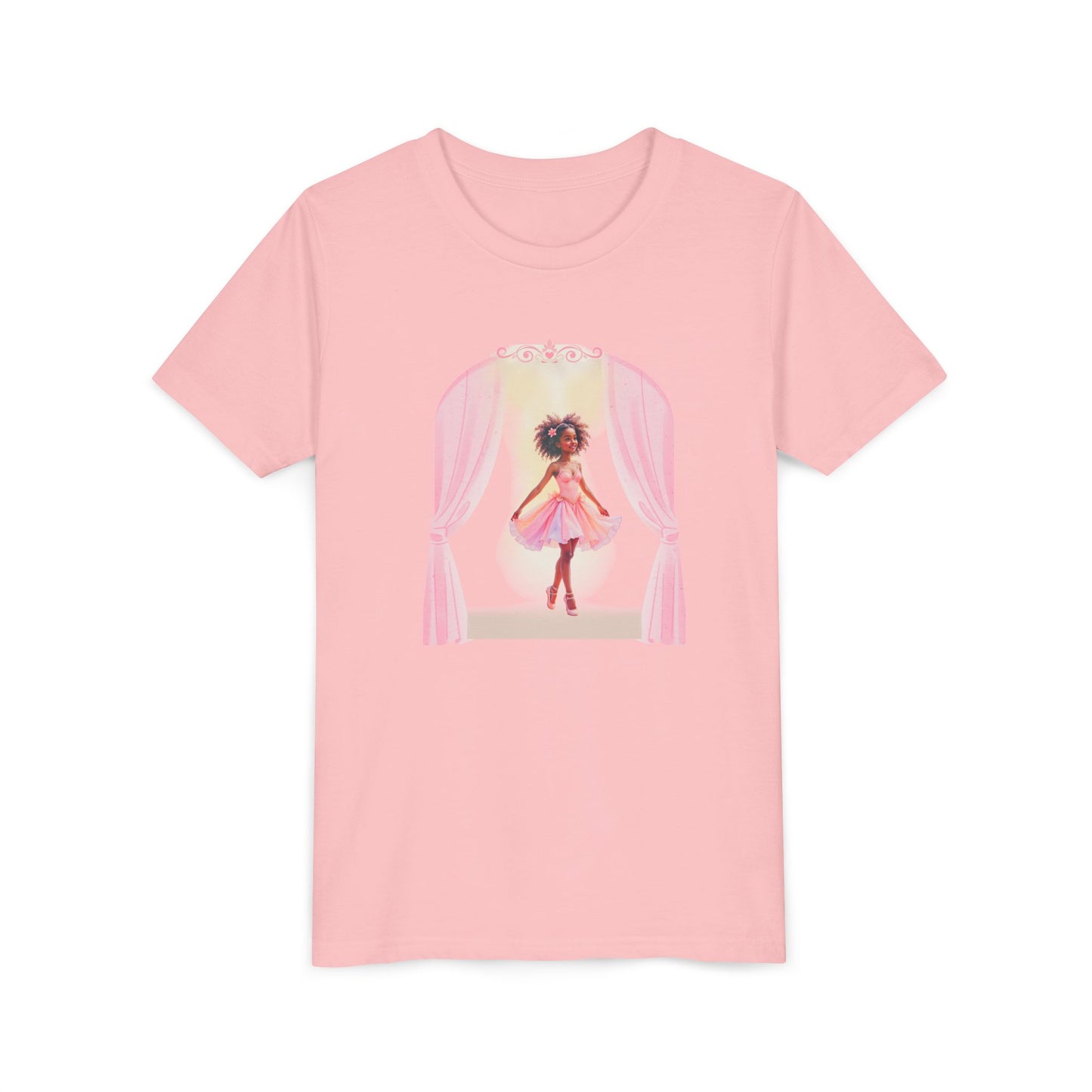 Pink t-shirt with a graphic of a person with long hair and pink curtains on a white background