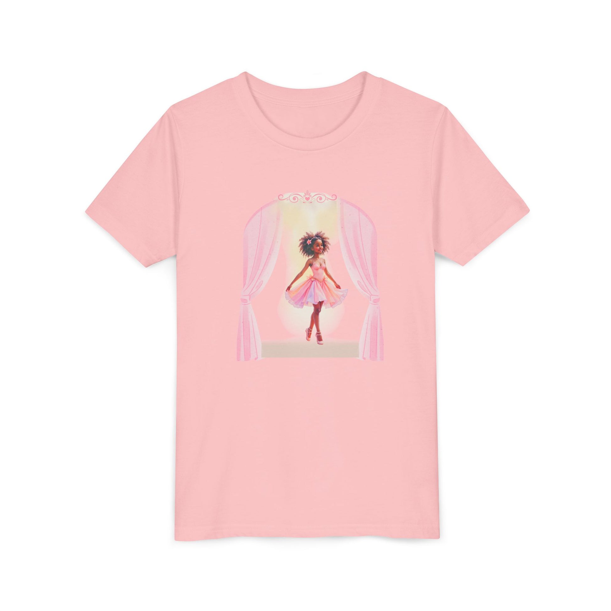 Pink t-shirt with a graphic of a person with long hair and pink curtains on a white background