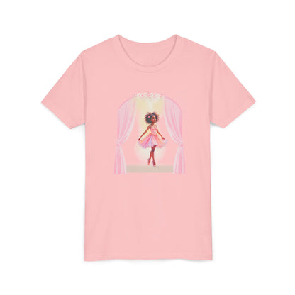 Pink t-shirt with a graphic of a person with long hair and pink curtains on a white background