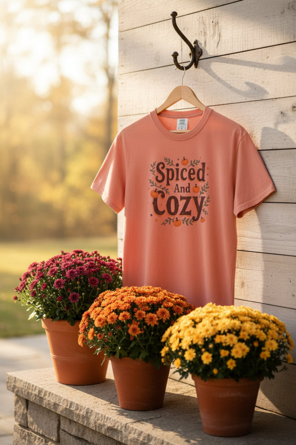 A terracotta-colored short-sleeve t-shirt with a 'Spiced And Cozy' graphic on the chest, featuring pumpkins, leaves, and orange accents, displayed on a patio with three terracotta pots with Chrysanthemums growing. Malika Bourne Legacy
