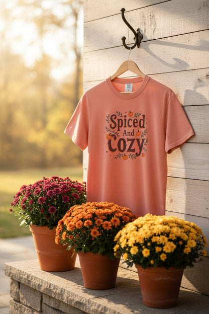 A terracotta-colored short-sleeve t-shirt with a 'Spiced And Cozy' graphic on the chest, featuring pumpkins, leaves, and orange accents, displayed on a patio with three terracotta pots with Chrysanthemums growing. Malika Bourne Legacy