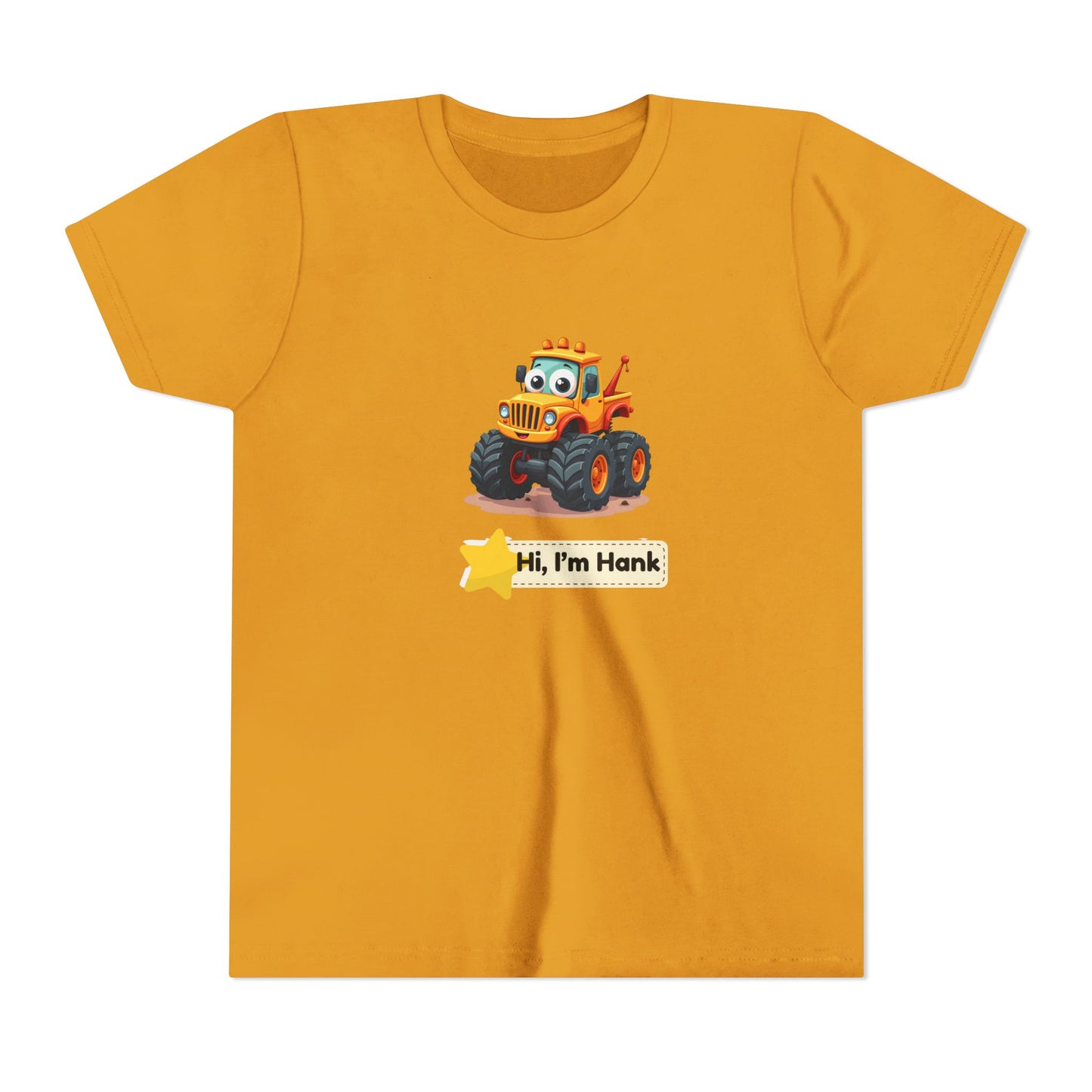 A yellow mustard  short-sleeve crewneck t-shirt featuring a cartoon graphic of a cheerful yellow/ orange tractor with the text 'Hi, I'm Hank' printed on the front, displayed against a solid white background.