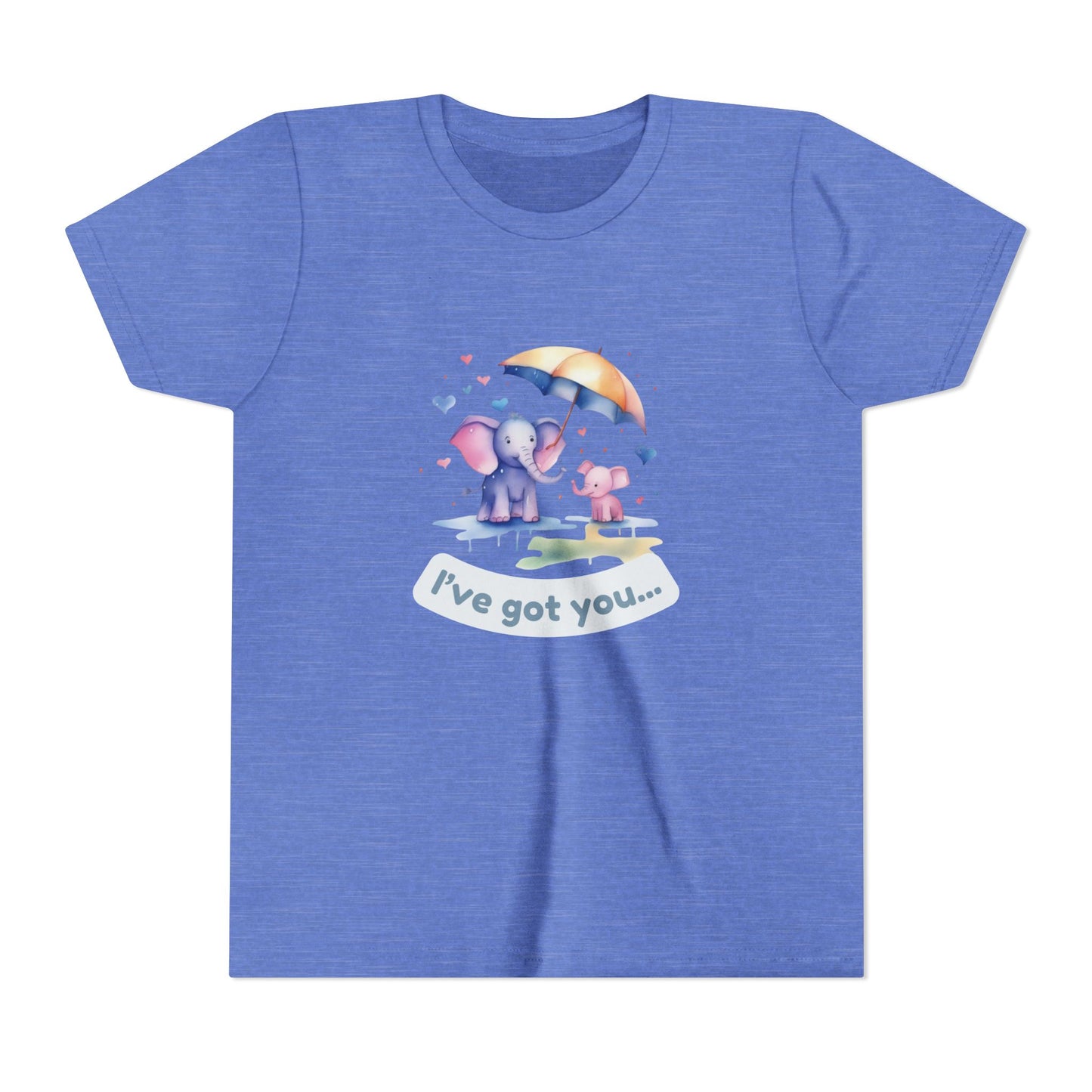 Blue t-shirt with cartoon design of an elephant and a dog under an umbrella, text 'I've got you...', on a white background.