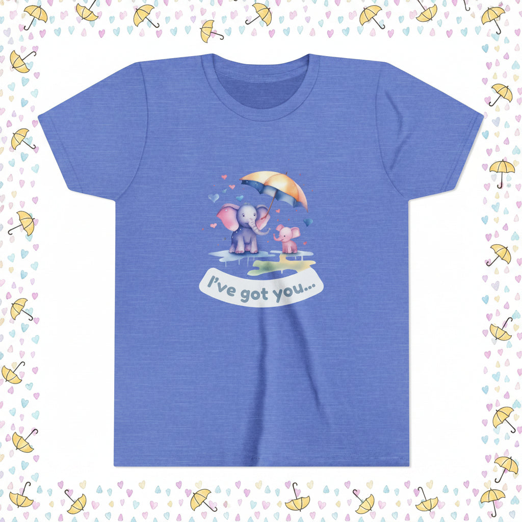 Blue t-shirt with cartoon design of an elephant and a dog under an umbrella, text 'I've got you...', on a white background.