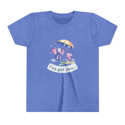 Blue t-shirt with cartoon design of an elephant and a dog under an umbrella, text 'I've got you...', on a white background.