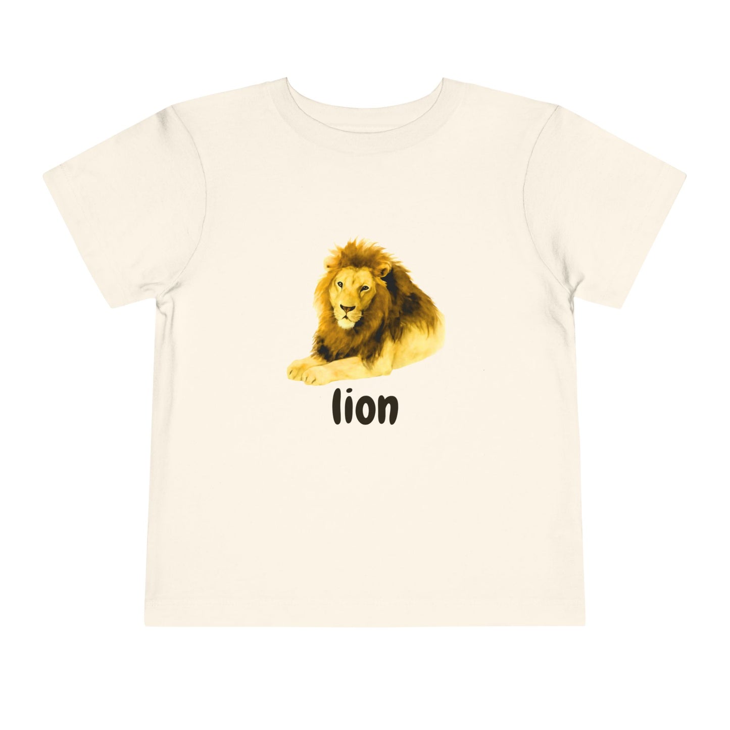 Beige t-shirt with a lion graphic and 'lion' text on a white background