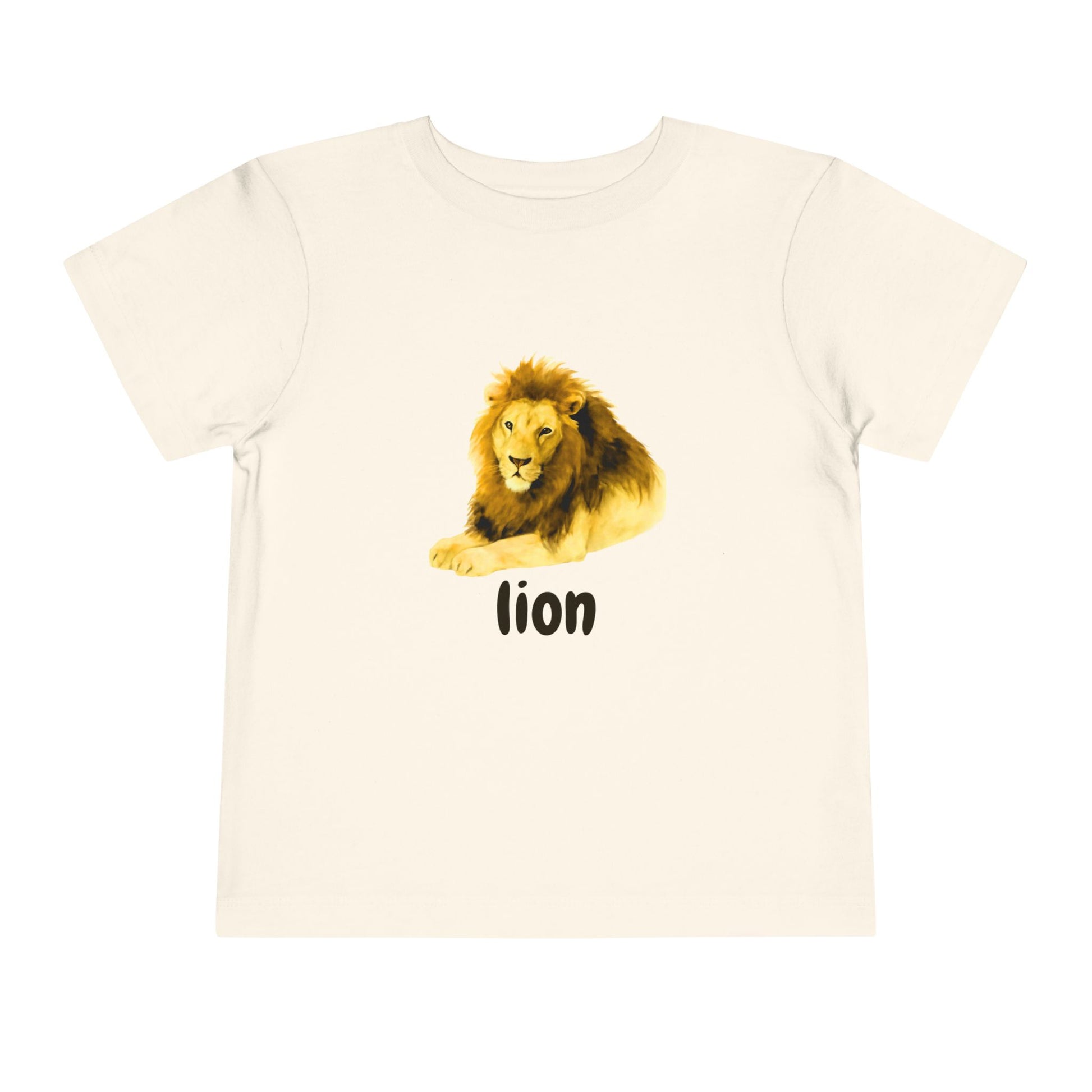 Beige t-shirt with a lion graphic and 'lion' text on a white background