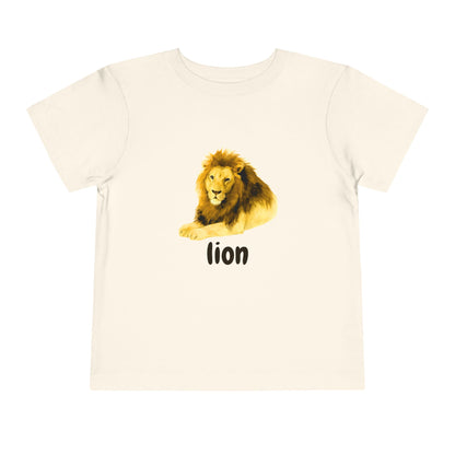 Beige t-shirt with a lion graphic and 'lion' text on a white background