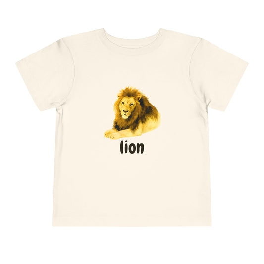 Beige t-shirt with a lion graphic and 'lion' text on a white background
