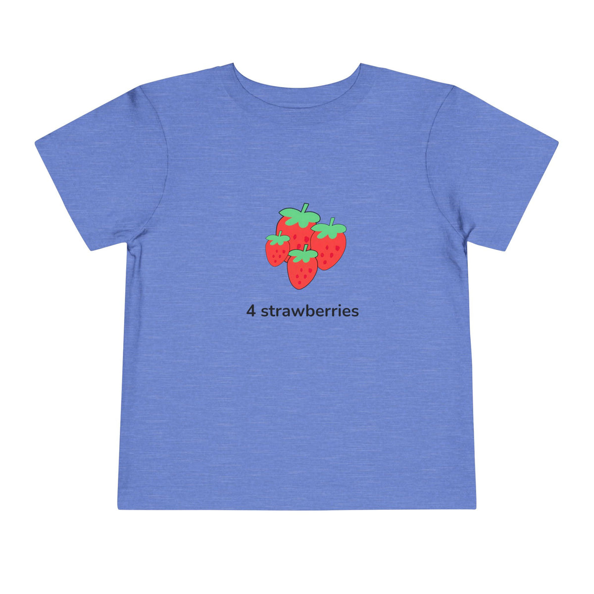 A heather blue short-sleeve kids' t-shirt featuring a graphic of four red strawberries with green tops and the text '4 strawberries' printed below, displayed on a clean white background.