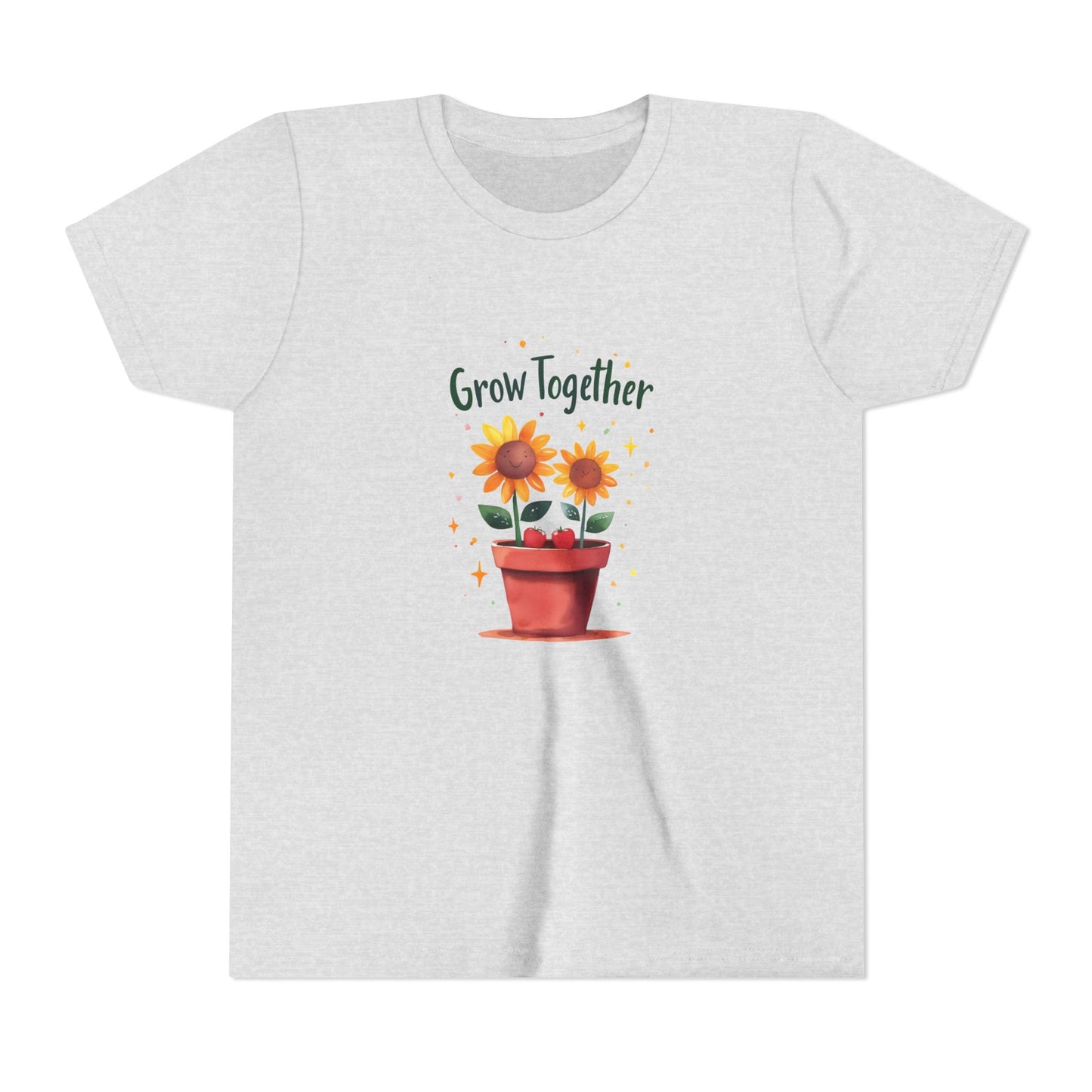 Ash t-shirt with sunflower design and 'Grow Together' text on a white background