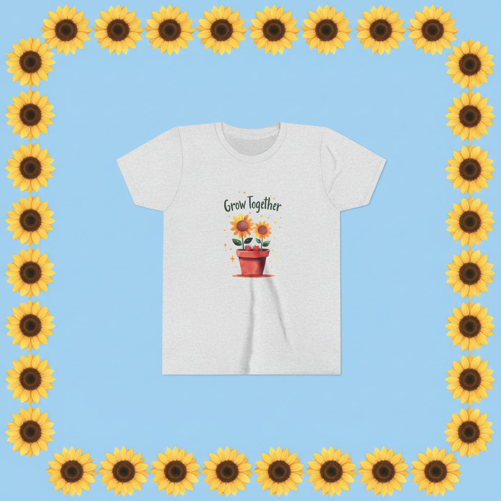 Ash t-shirt with sunflower design and 'Grow Together' text on a white background