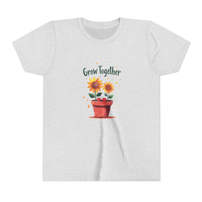 Ash t-shirt with sunflower design and 'Grow Together' text on a white background
