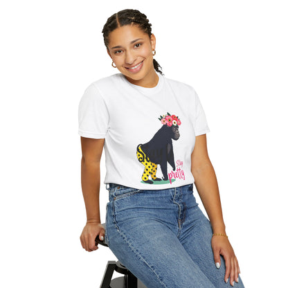 AI model wears tee. “Girl‑Girl™ gorilla wearing a flower crown and patterned shorts on a white unisex tee with the phrase ‘Stay Pretty.’”