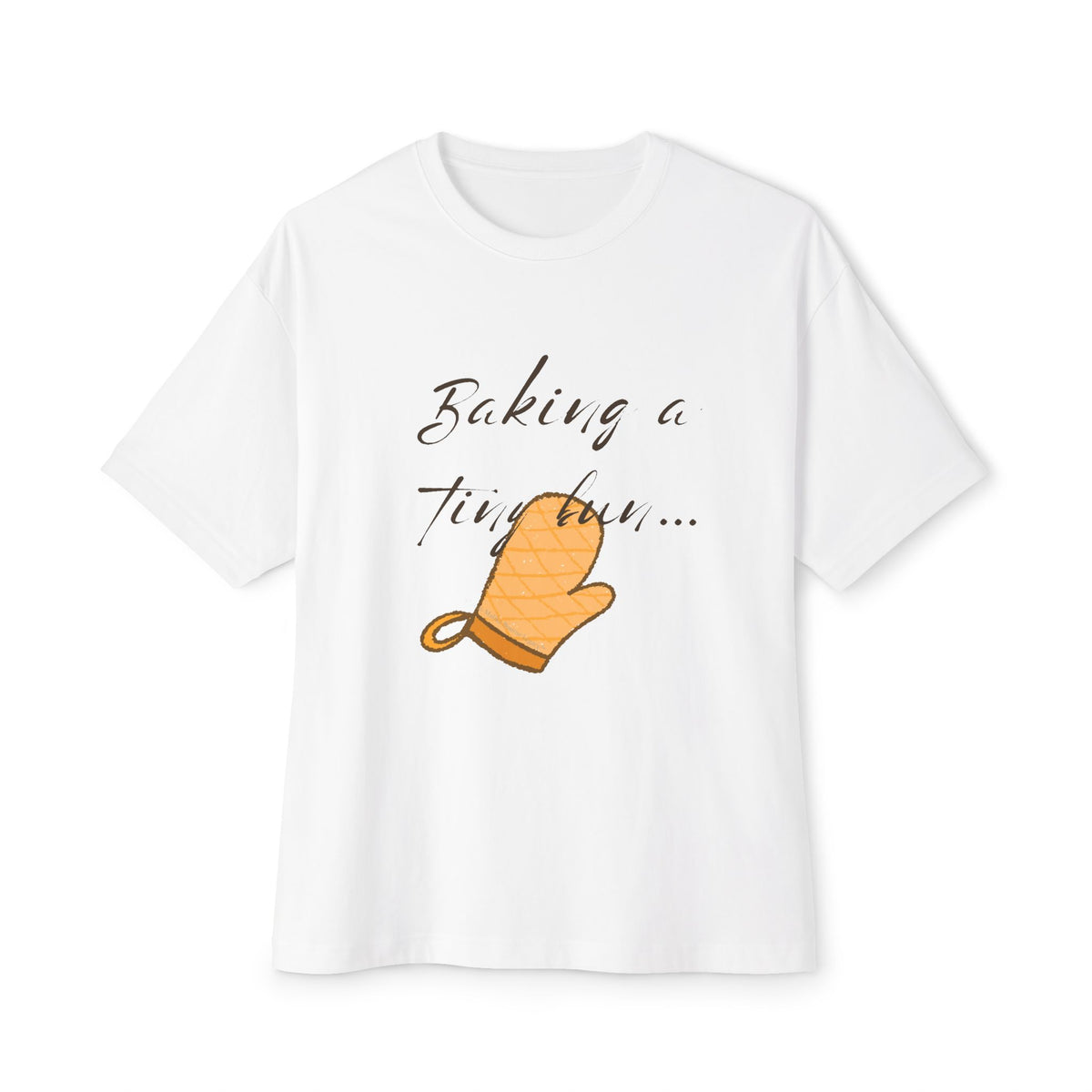 White t-shirt with an orange oven mitt and text on a white background