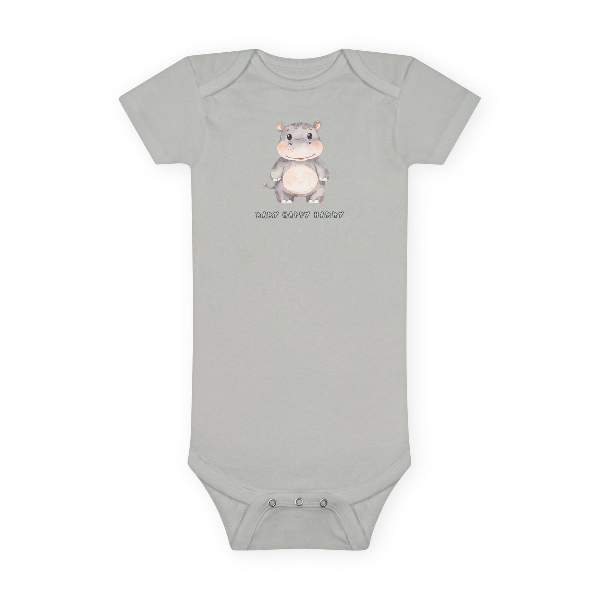 Gray baby onesie with a cartoon hippo design on a white background