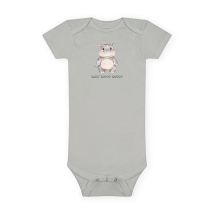 Gray baby onesie with a cartoon hippo design on a white background