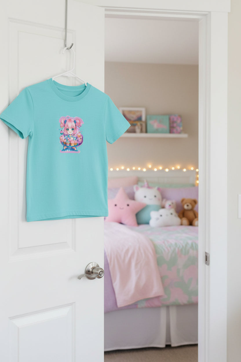 A light blue short-sleeve crewneck t-shirt featuring a colorful anime-style graphic of a pink-haired character holding a cupcake on the chest, displayed hanging on the door of a girl's bedroom. Creation of Malika Bourne Legacy AI mock up