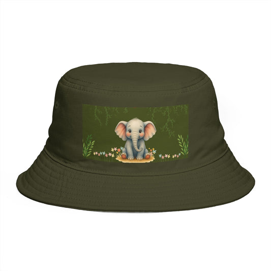 Army green bucket hat with Elmer the baby elephant jungle graphic on the front.