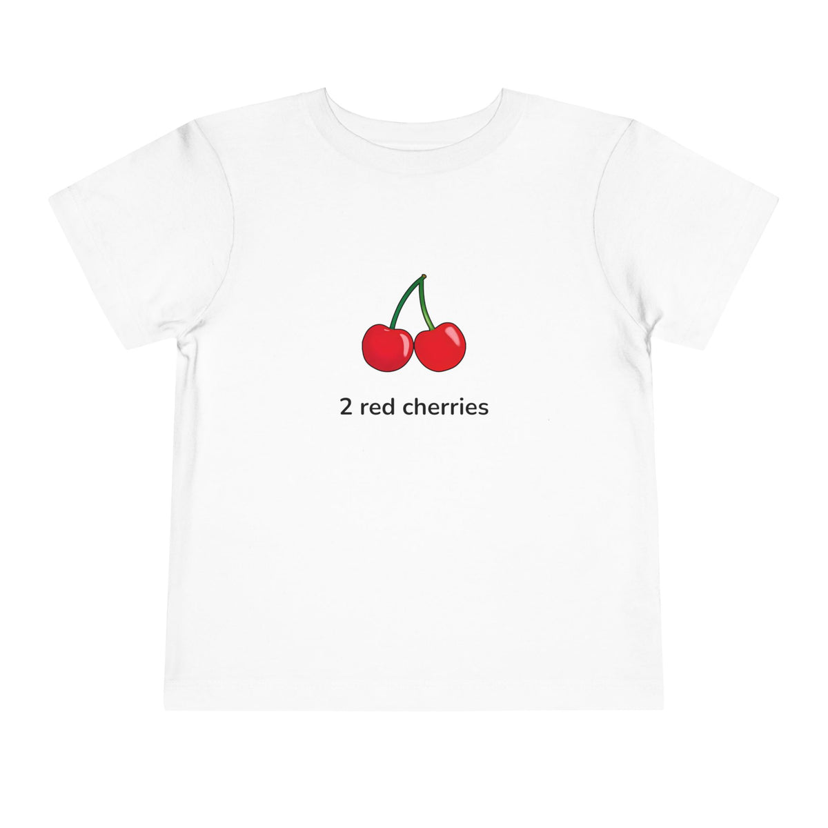A white short-sleeve crewneck t-shirt featuring a graphic of two red cherries with green stems and the text '2 red cherries' printed below, displayed on a clean white background.