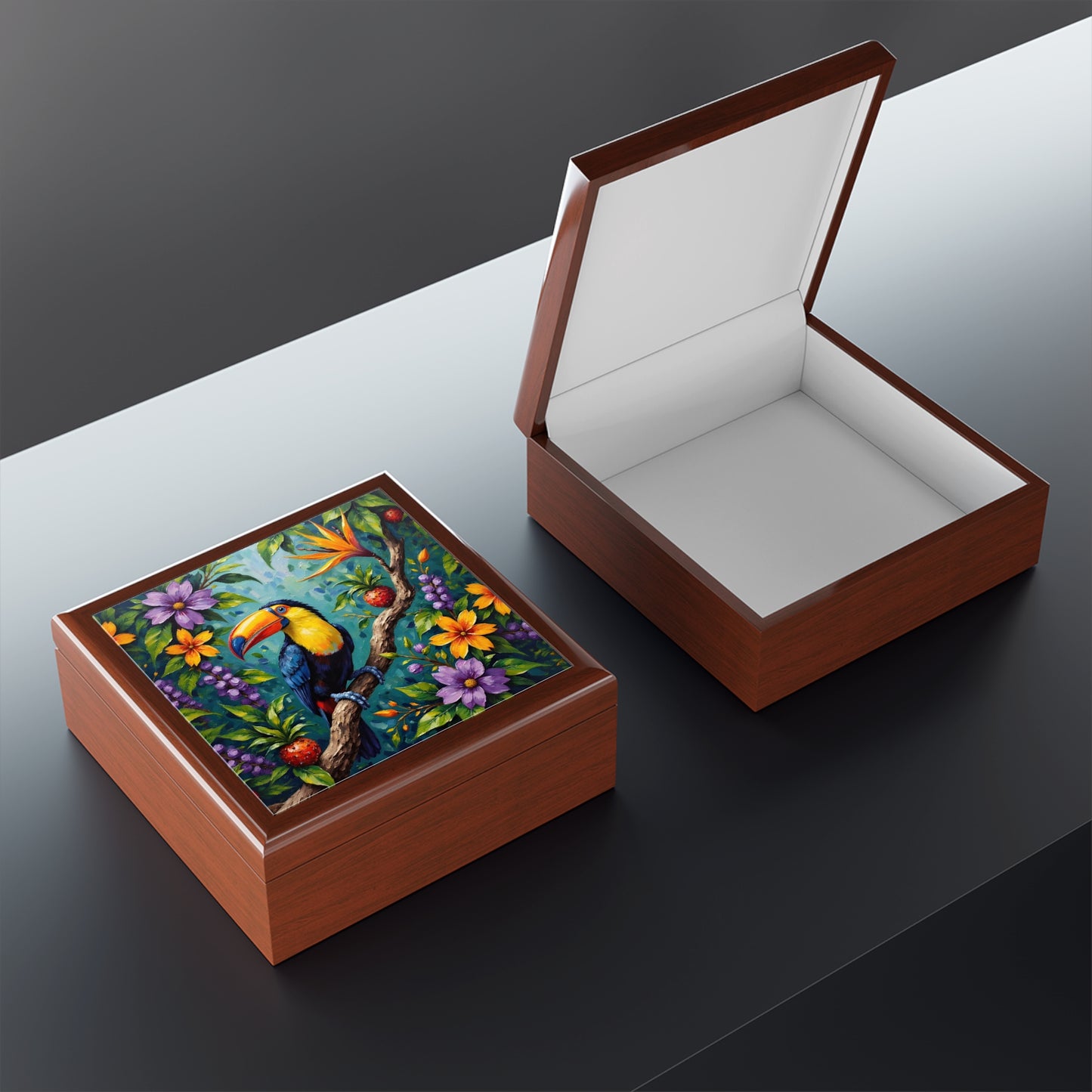 Tropical Toucan Jewelry Box — Colorful Floral Keepsake Box