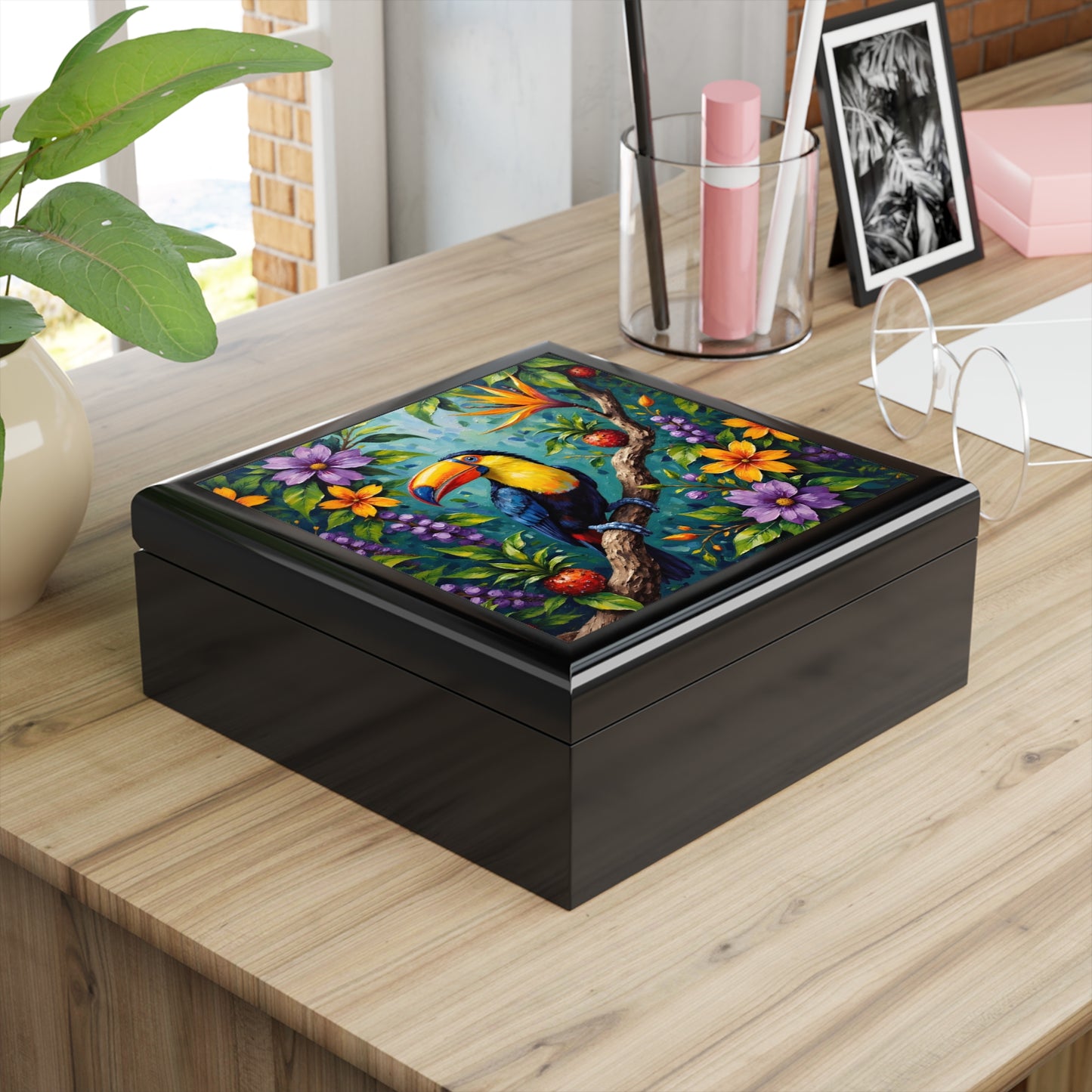 Tropical Toucan Jewelry Box — Colorful Floral Keepsake Box
