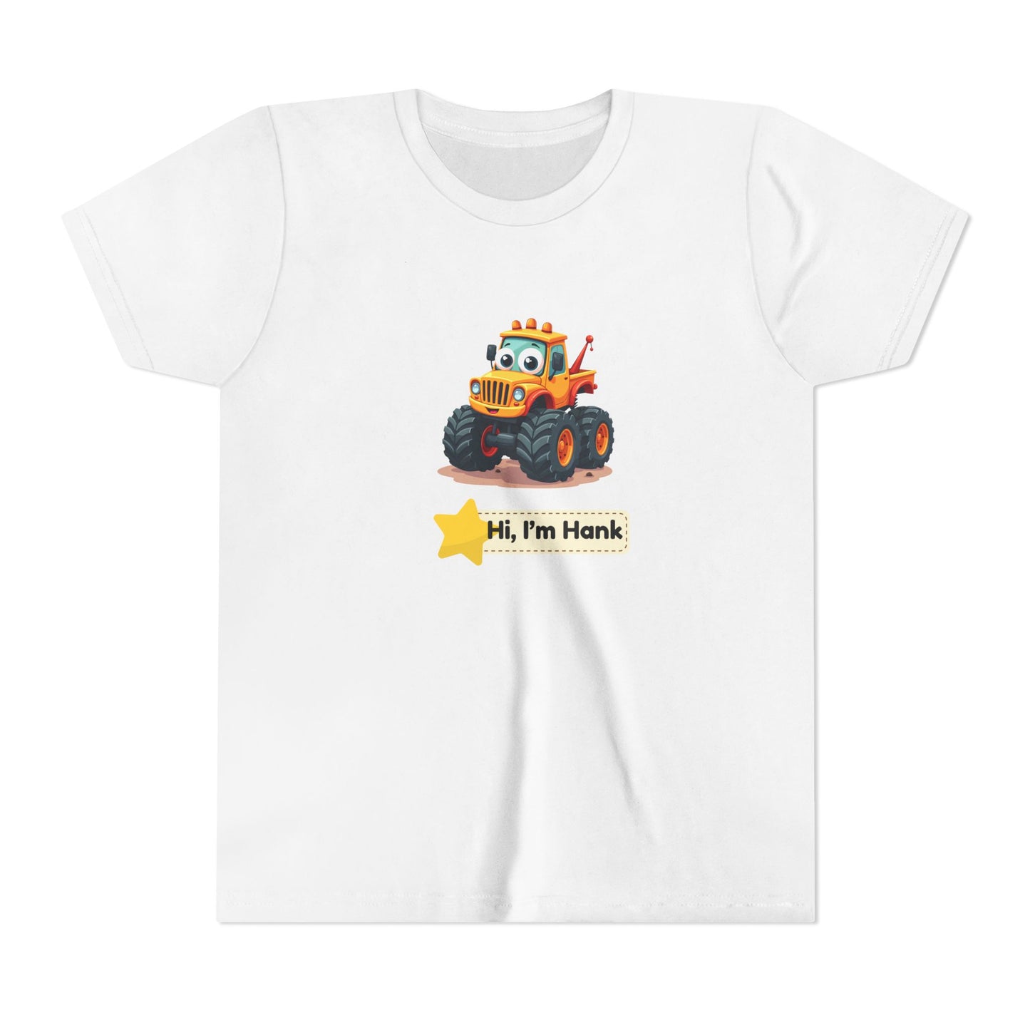 A white short-sleeve crewneck t-shirt featuring a cartoon graphic of an orange monster truck with a smiling face and the text 'Hi, I'm Hank' below it.